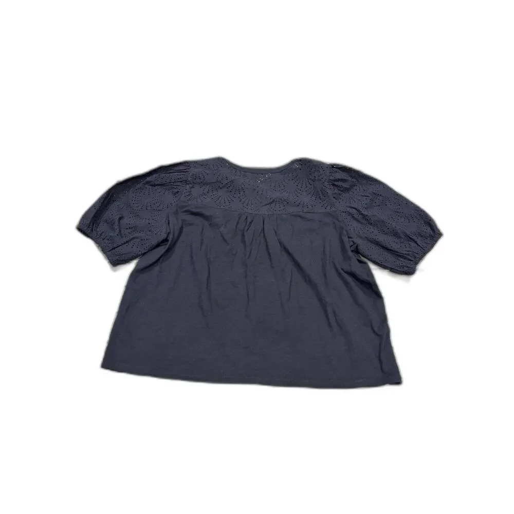 Boden Blouse Womens Size 14 Navy Blue Puff Sleeve Eyelet